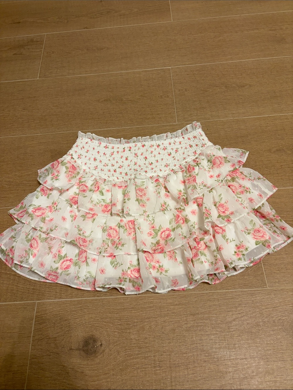 Floral Ruffle Mini Skirt - White with Pink Roses